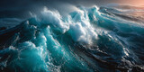 Powerful ocean wave crashing with white foam under a dramatic sky, showcasing the raw force of nature in a breathtaking maritime scene