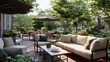 © Sawat - Cozy outdoor patio with modern furniture, lush greenery, and floral arrangements, perfect for social gatherings and relaxation in a serene environment
