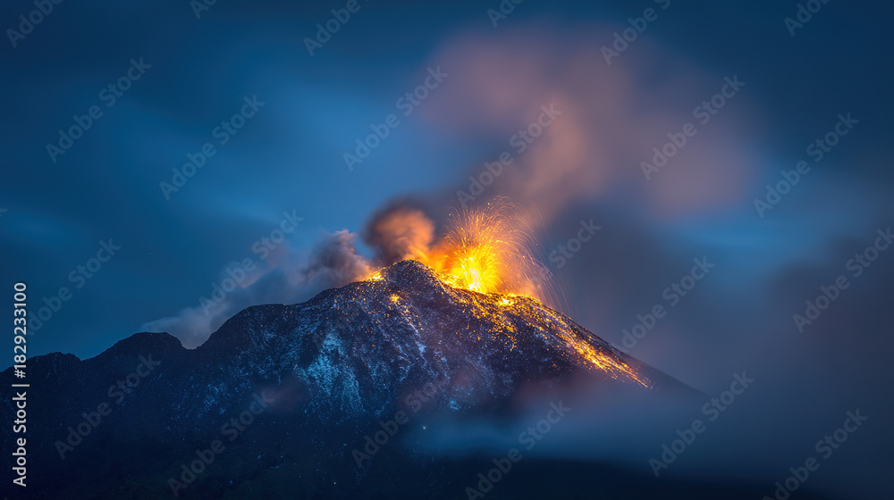 erupting. A powerful volcano erupting with lava and ash against the sky ...