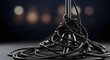 © antuanetto - Tangled audio cables wrapped around a shiny microphone stand on a dark stage with blurred bokeh lights for a music production concept and technical complexity