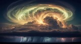 Dramatic Supercell Thunderstorm with Swirling Clouds and Lightning Strikes at Night.