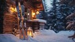 © adobestocker1 - vintage skis leaning against chalet, snow-covered pine trees and lanterns, cozy atmosphere .