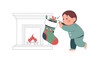 © Basmah - 2D vector flat illustration on pure white background a child looking excitedly into a Christmas stocking hung by a fireplace (fireplace as simple outline). Soft colors, joyful pose,