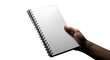 © Nazmul Hasan - Hand holding a blank spiral-bound notebook with a pink tab for notes and ideas