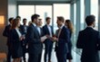 © feng - A blurred networking event with business professionals in formal attire, gathered in a modern office or event space, engaging in conversation. High quality