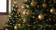 © Creativejulia - Two christmas trees decorated with golden ornaments and lights in a cozy interior setting indoors near window