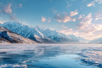  Frozen Alpine Lake at Sunrise with Snow-Covered Mountain Range and Soft Pink Clouds