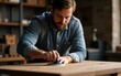 © bai - Anonymous man polishing wooden table. High quality