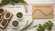 © Ikhwan - Fresh herbs and spices arranged artistically on wooden surface with inspirational card about movement in stillness