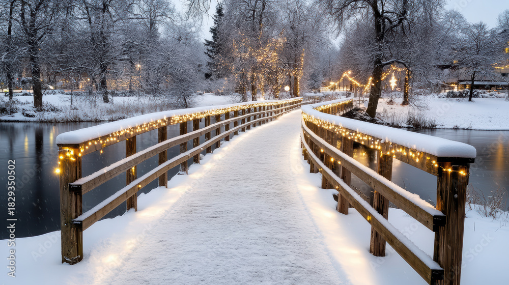 Snowy bridge winter pathway holiday lights wooden railing snow covered ...