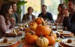 © car - Group gathered around pumpkin-filled table with fall decorations, suitable for harvest-themed event or seasonal celebration. High quality