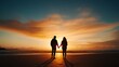 © Sirichat. Camphol - Romantic sunset walk beach couple holding hands ocean view warm colors love concept