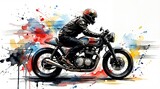 Dynamic watercolor illustration of a motorcyclist riding a classic bike with vibrant splashes of color