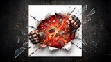 A powerful fist breaking through a white surface with barbed wire and fiery explosion, surrounded by shattered glass fragments