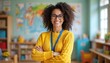© Vadym - Smiling woman teacher stands in preschool classroom. She has glasses and arms crossed. Background shows world map and shelves with toys and books.