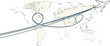 © NAMOY - Dynamic global travel illustration with an airplane tracing a singular, continuous flight path across the world map, highlighting interconnected journeys and worldwide exploration