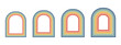 © YEVHENIIA - Groovy 70s arched frames with rainbow stripes and psychedelic borders. Retro funky doorway design perfect for vintage posters and nostalgic backgrounds.