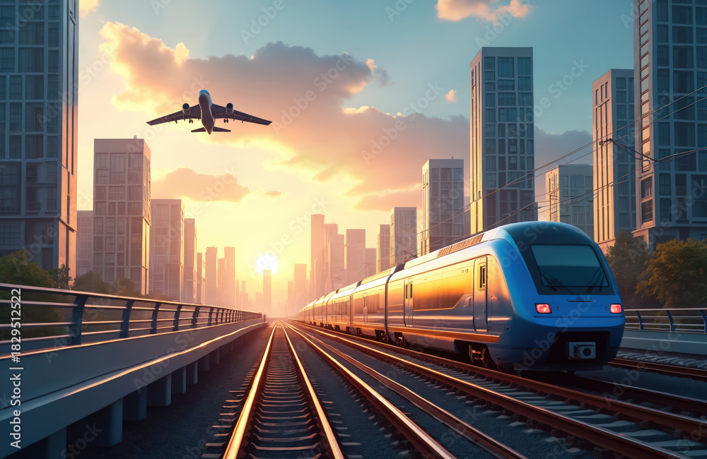 Modern blue train speeds on tracks past city skyscrapers at sunset. Airplane flies overhead, indicating air travel. Urban transport infrastructure connects cities.