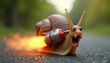 © Vadym - Excited snail with rocket booster strapped to shell about to blast off. Concept of speed adventure humor. Snail character looks surprised. Gastropod animal is ready for race on street outdoors.