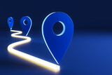 Glowing navigation path with blue location pins on dark abstract background illustrating travel or digital route planning concept in 3D Rendering. 3D Rendering