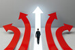 © Who is Danny - Businessman walking on straight glowing arrow among curved red arrows symbolizing right way to success and growth in abstract background.