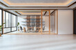 © Who is Danny - Modern empty corporate conference room with glass partition and city view, featuring stylish interior and natural lighting design elements. 3D Rendering