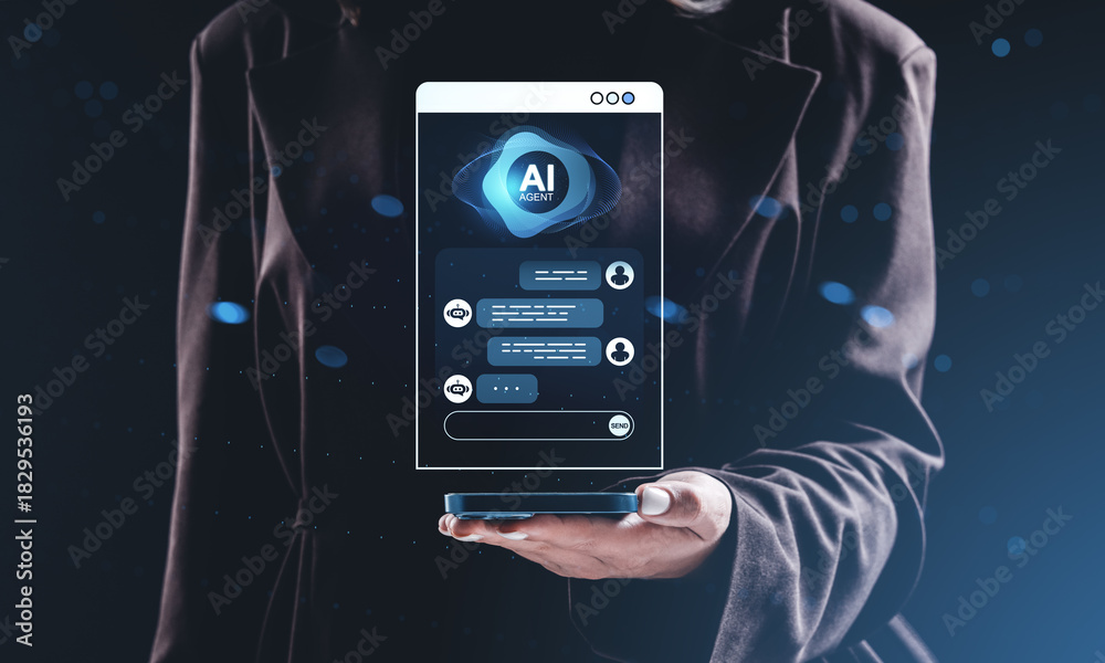 Futuristic AI chatbot interface hovering above hand, symbolizing tech ...