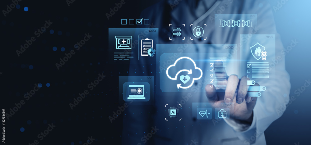 Doctor interacting with digital healthcare cloud interface showing ...
