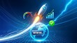 © Hiro's design - Rocket launching over globe illustrating fast website speed and seo improvement with growth chart on a blue background