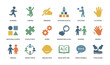 ©  MVectors - Children's activities and objects icon set, running, jumping, drawing, stacking blocks, catching, counting, matching shapes, puzzle piece