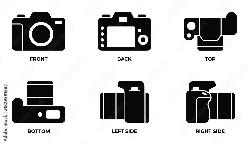 Detailed views of a modern camera body from multiple angles including ...