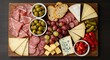 © Sitas - Overhead view of an elaborate charcuterie board filled with meats, cheeses, olives, grapes, and breads