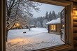 © stockimgahnaf - Snow outside a wooden cabin window with warm interior light