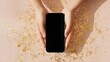 © Intellectual - Pov top above overhead close up view photo of female hands holding using smart digital device with touch screen for mockup