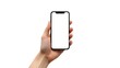 © Intellectual - Using modern technology concept. Cropped close up photo of female student hand holding smart phone showing blank white screen isolated background