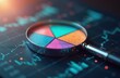 © Pete - Magnifying glass examines digital data. Colorful pie chart segments visible under lens, showing insights. Financial market trends, business analytics, strategic planning for growth key. Focus on