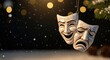 © kilimni - Comedy and tragedy masks as vintage porcelain ornament for Christmas tree, festive snowy background, copy space. Greeting card for theaters, stage performance, drama school, theatre college