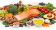 © MAHFUJ - Healthy heart food concept with salmon vegetables fruits and nuts