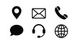 © Sadia - A set of six black contact icons including location email phone chat support and globe on white background