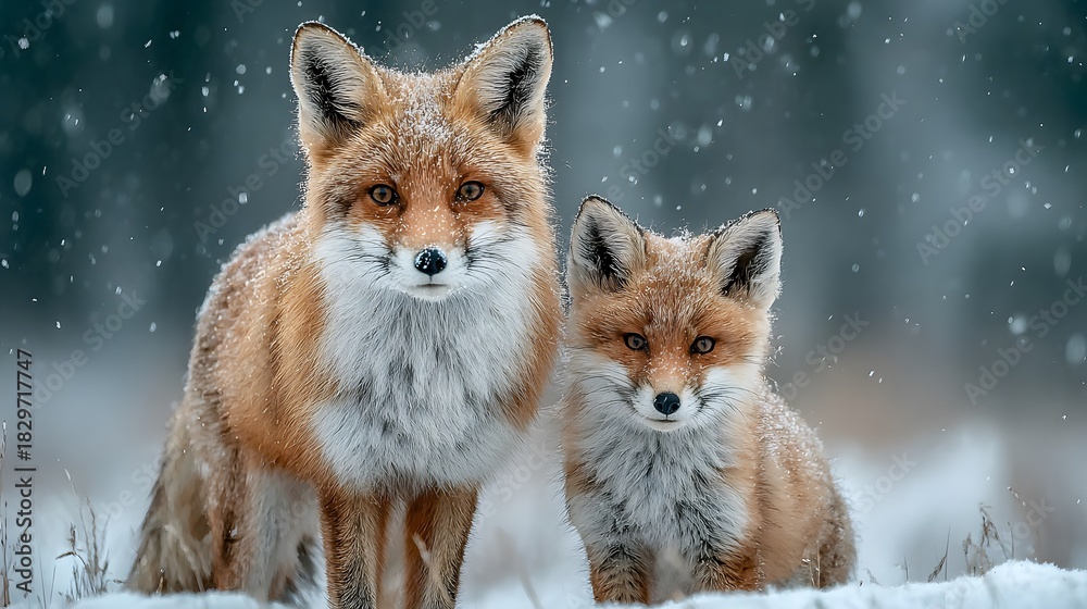 Adorable red fox mother stands next to her small cub in a snowy field ...