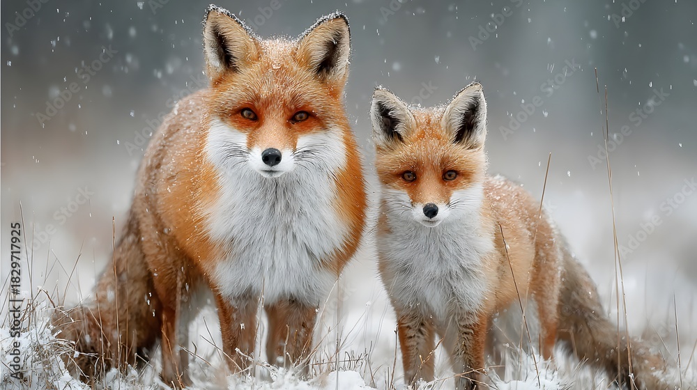 Adorable red fox mother stands next to her small cub in a snowy field ...