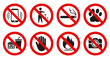 © dlyastokiv - Prohibited icons set: no cell phone zone, litter, smoking, pets, no eating and drinks allowed, do not touch, do not light a fire, no photography