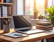 © Parnibengkong - Modern workspace scene featuring laptop, books, pencils, notepad, and sunlight