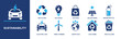 © Ella - Sustainability icon set. Containing recycling, eco bulb, eco bag, solar panel, water bottle, electric car, wind turbine, earth, eco home, recycle bin and more for green projects. Solid vector icons UX