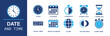 © Ella - Date and time icon set. Containing clock, calendar, stopwatch, alarm clock, hourglass, digital timer, month calendar, globe, day and night, alarm timer for planners, UI/UX and more. Solid vector icons