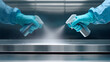 © dinatychynska - Disinfection spray application on industrial conveyor surface by workers in protective gloves. Professional sanitation, hygiene protocol, sterile environment. Food safety, chemical cleaning concept.