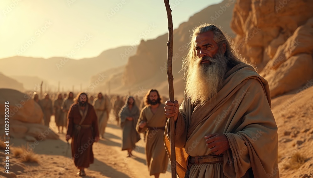 Moses guides people through desert wilderness. Followers in robes walk behind leader with his staff under warm sun. Dry landscape, rocky hills, and long shadows extend ahead.