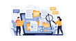 © Shakil - Document search and file management concept with people using a magnifying glass to find information among digital files and folders.