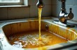 © Viktor - Kitchen sink overflows with dirty yellow grease, thick cooking oil clogs household drain. Liquid spills over edges onto kitchen counter. Faucet pours into full dirty basin. Represents common serious