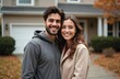© Viktor - Cheerful couple stands in front of house. Smiling woman, man pose together outdoor. People embrace against home background. Youth enjoy lifestyle with positive emotions. Happy family celebrate real